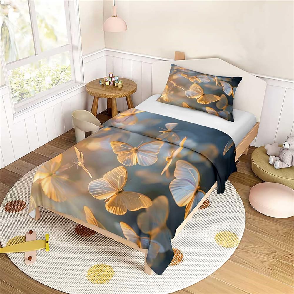 Hearda Elegant Butterfly Series Kids' Bedding Set, Microfiber Duvet Cover and Pillowcase Set with Zipper, Orange, 120 x 150 cm