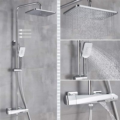 Handheld Shower Set, Thermostatic Bath and Shower Faucet, Rain Showerhead, Wall-Mounted, Chrome LWX