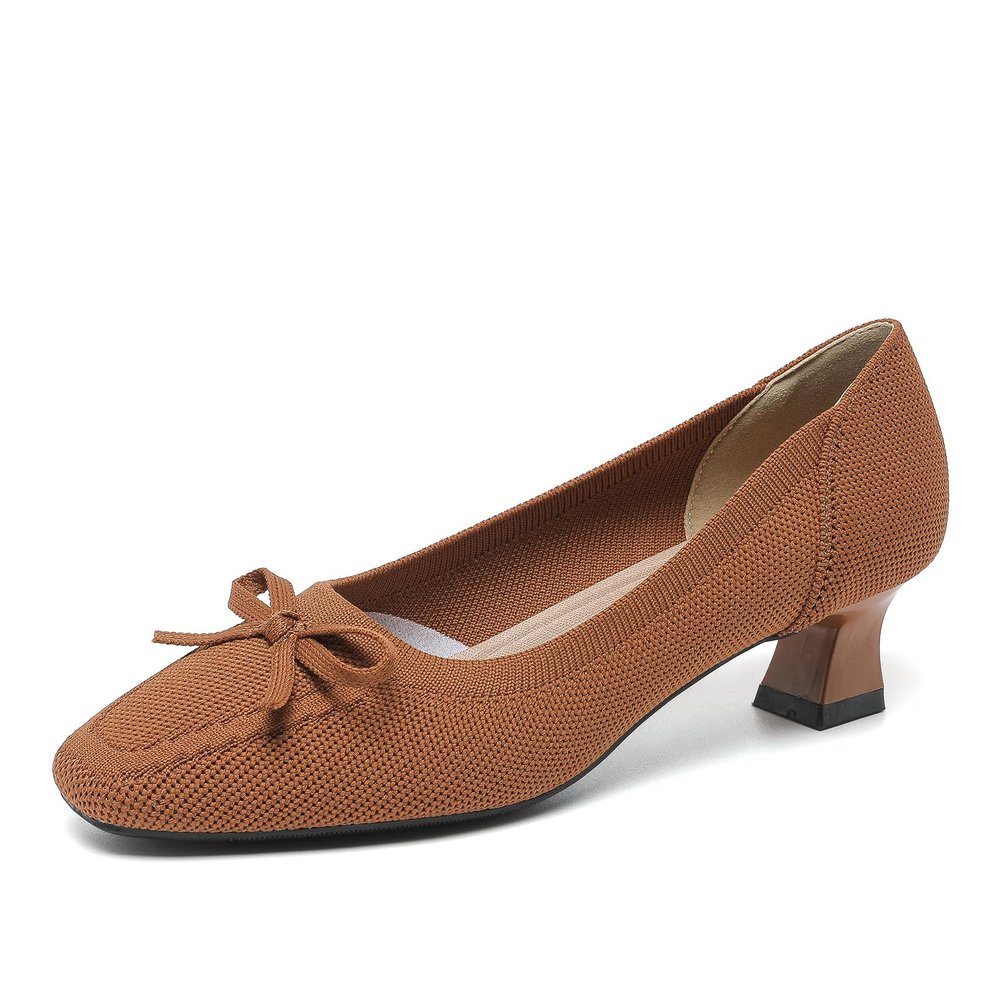 SWDZM Women's Bow-Knit Square-Toe Classic Versatile High-Heel Court Shoes, Brown, EU 36