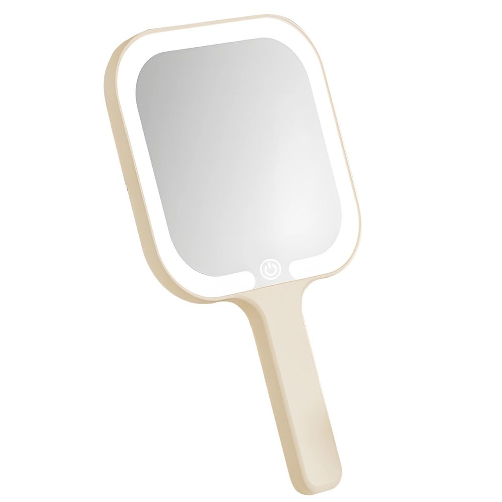 Rechargeable LED Hand Mirror with Touch Control, 3-Color Lighting, Compact Design for Travel, USB-C Charging