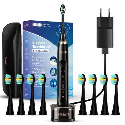 Seago Electric Toothbrush for Adults with Wireless Charging Dock, Travel Case, 8 Replacement Heads, Timer, 3 Modes & 3 Intensities (Black)