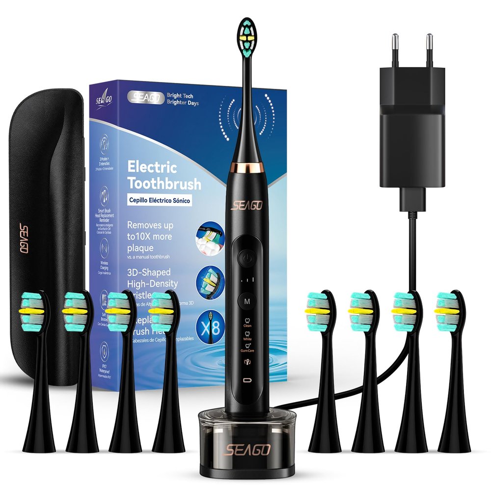 Seago Electric Toothbrush for Adults with Wireless Charging Dock, Travel Case, 8 Replacement Heads, Timer, 3 Modes & 3 Intensities (Black)