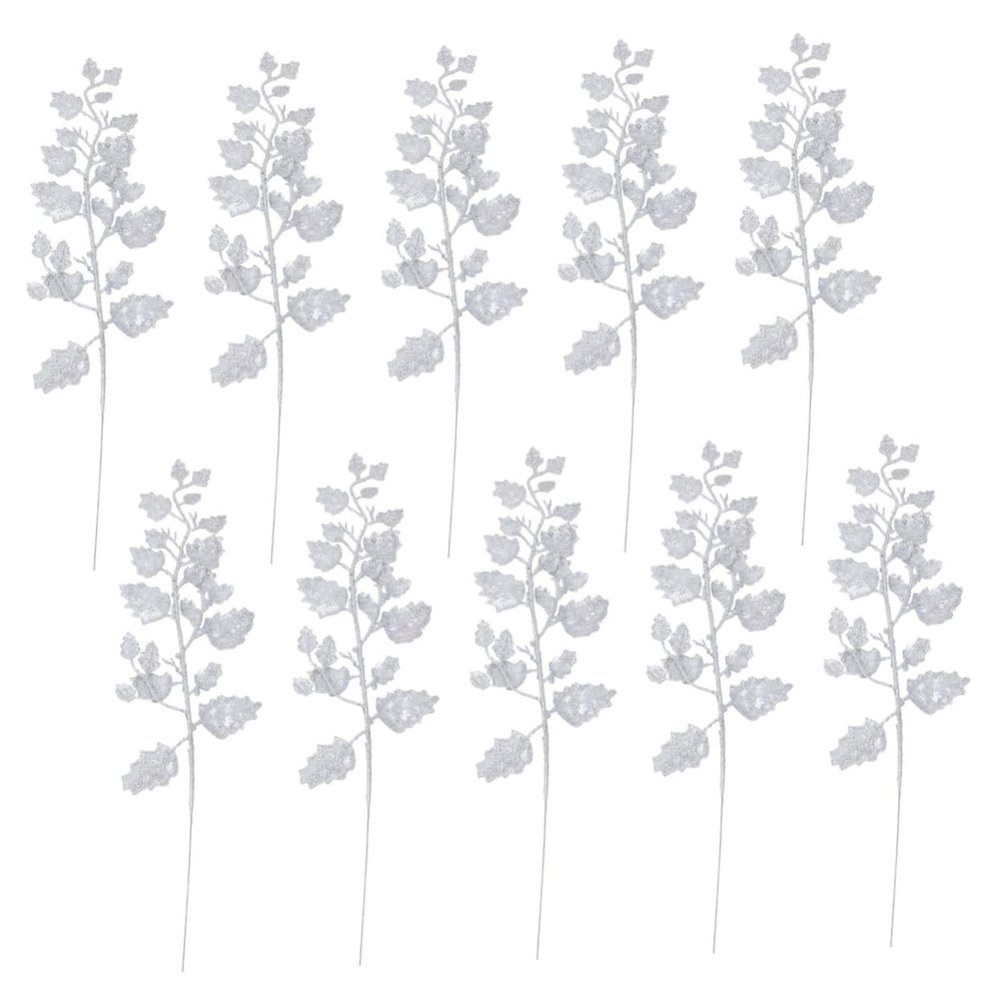 BAZEITFLOW 10 Artificial Christmas Leaves with Silver Glitter