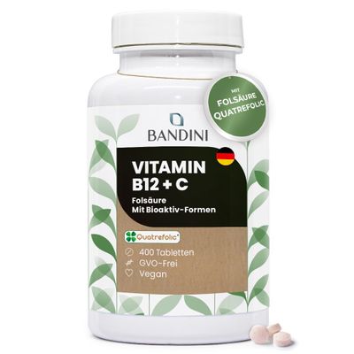 Bandini Vitamin B12 Folsure + Vitamin C | 400 Vegan Tablets | 1-Year Supply | Methylcobalamin & Quatrefolic | 500g B12 + 200g Folsure + 80mg Vitamin C
