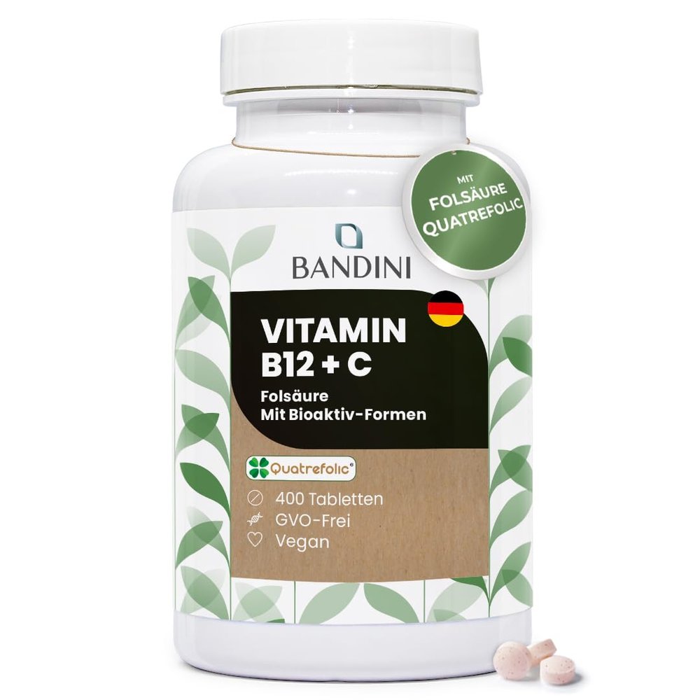 Bandini Vitamin B12 Folsure + Vitamin C | 400 Vegan Tablets | 1-Year Supply | Methylcobalamin & Quatrefolic | 500g B12 + 200g Folsure + 80mg Vitamin C