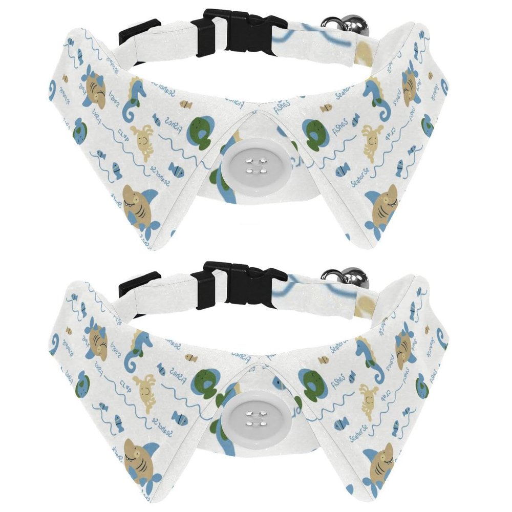 Dog Collar with Bow Tie and Bell, Seahorse, Fish and Crab Patterns, Adjustable Lapel Design, 2-Pack