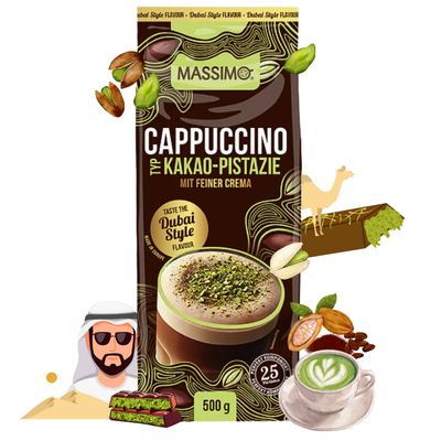 MASSIMO Cappuccino Dubai Chocolate Style, 10 x 500 g Instant Drink Powder with Coffee, Cocoa and Pistachio