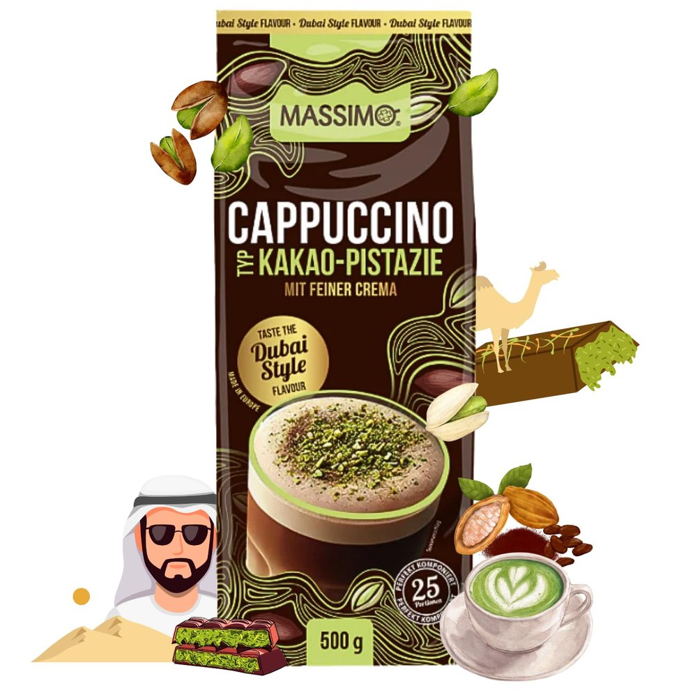 MASSIMO Cappuccino Dubai Chocolate Style, 10 x 500 g Instant Drink Powder with Coffee, Cocoa and Pistachio
