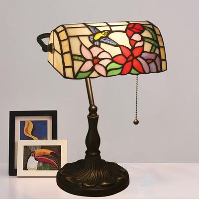ZSJSM UVIGE Piano Table Lamp with Pull-Chain Switch, 10-Inch Colorful Stained Glass Bird and Flower Design