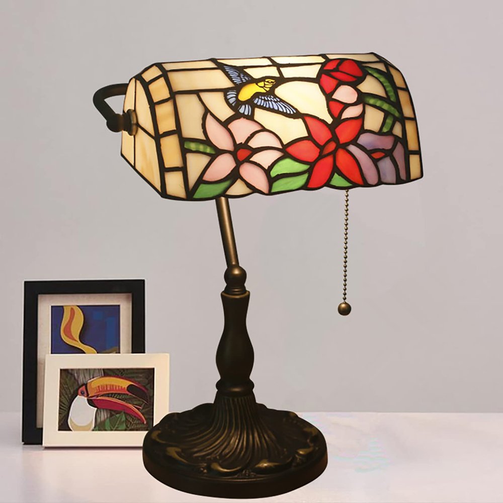 ZSJSM UVIGE Piano Table Lamp with Pull-Chain Switch, 10-Inch Colorful Stained Glass Bird and Flower Design