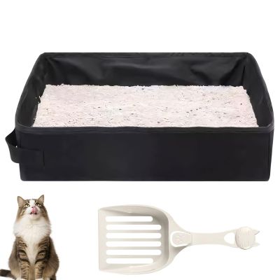 Travel Cat Litter Box, Foldable Portable Cat Toilet with Scoop, Waterproof Open Design with High Sides for Airplane, Car, and Camping
