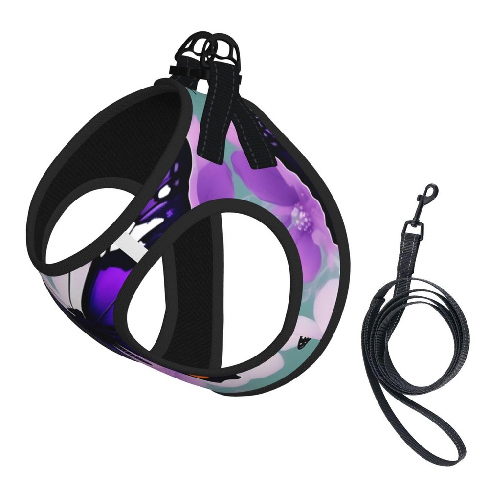 M Purple Butterfly-Print Pet Vest Harness with Leash