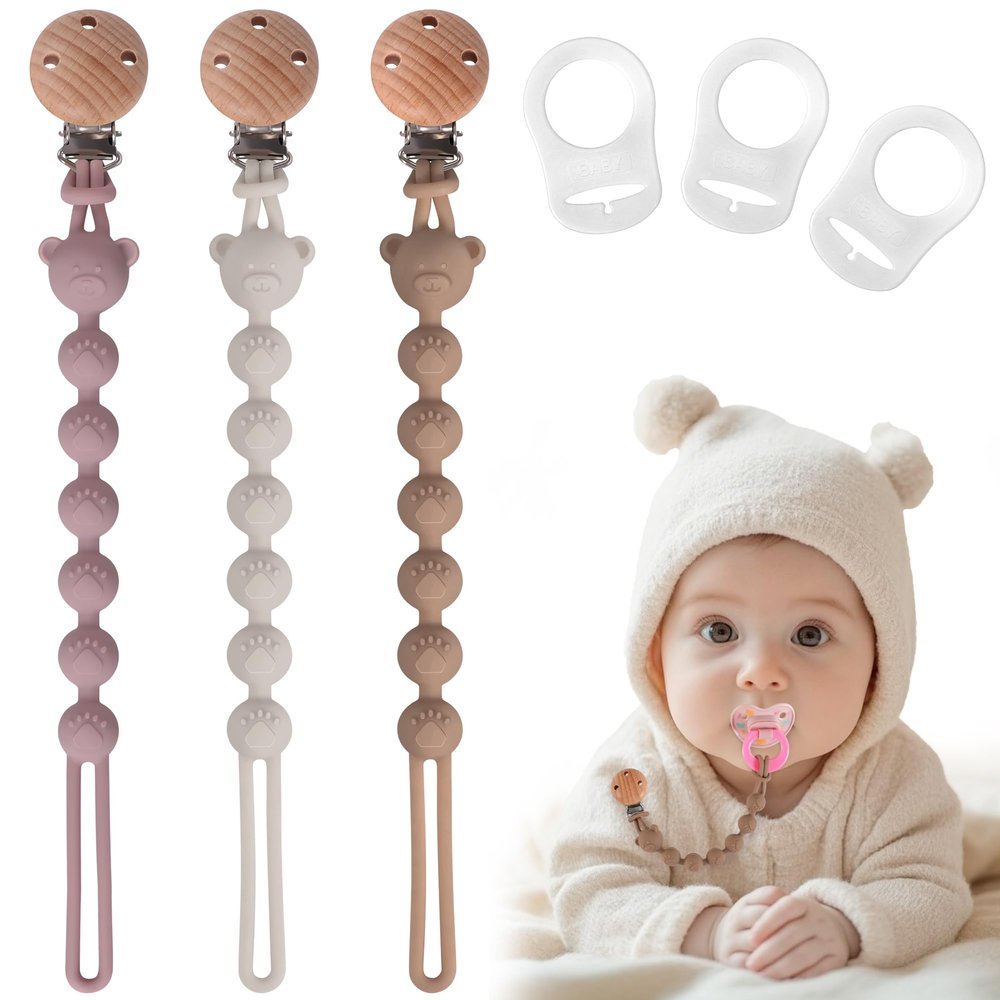 EARLY MINDS 3-Pack Silicone Pacifier Clips, Sand/Light Gray