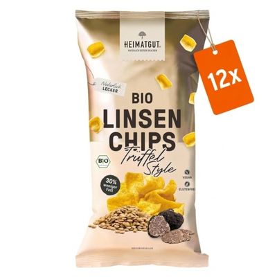 HEIMATGUT Organic Vegan Lentil Chips, Truffle Style | Oven-Baked Red Lentil Chips | Truffle Flavor | 30% Less Fat | High in Protein & Gluten-Free | No Sugar, Flavors or Additives | 12 x 75 g