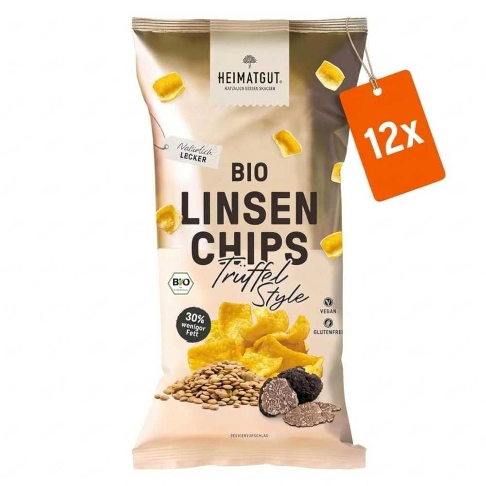 HEIMATGUT Organic Vegan Lentil Chips, Truffle Style | Oven-Baked Red Lentil Chips | Truffle Flavor | 30% Less Fat | High in Protein & Gluten-Free | No Sugar, Flavors or Additives | 12 x 75 g