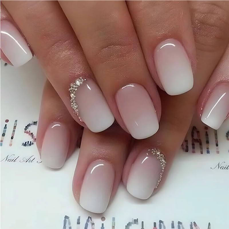 Short Square French Press-On Nails with Pink-to-White Gradient and Jelly Glue (367, L)