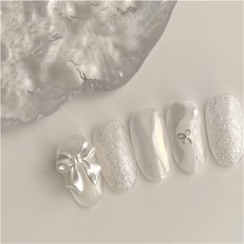 Silver Bow Handmade Nails (M)