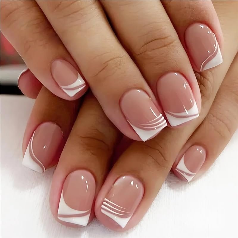 Short Square French False Nails with Pink-to-White Gradient