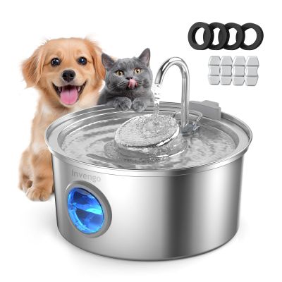 Invengo Stainless Steel Cat Water Fountain, 3.2 L Ultra-Quiet Pet Fountain with Water Level Window and 5-Stage Filter System, Includes 4 Replacement Filters