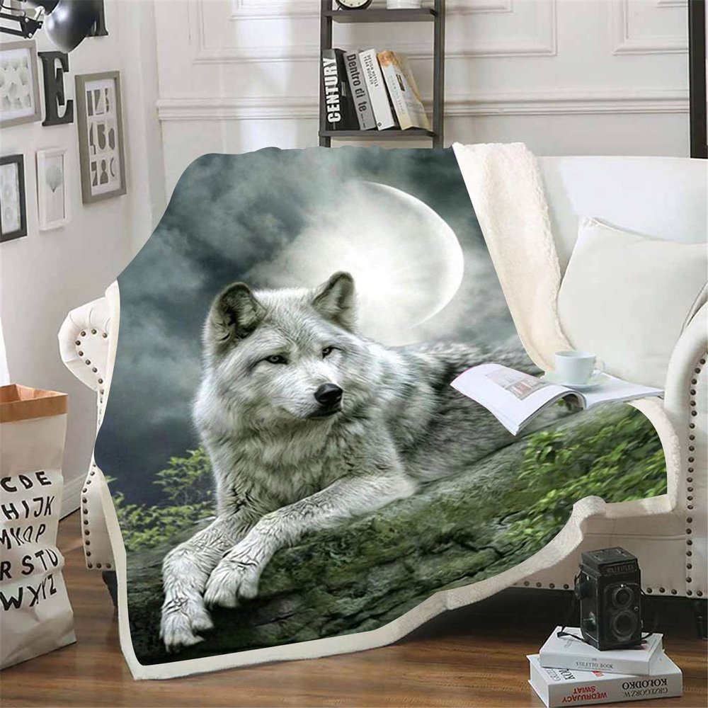 KIDSLOVE Wolf Blanket, Ultra-Soft Warm Fleece Throw, 3D-Printed Microfiber, 150 x 200 cm