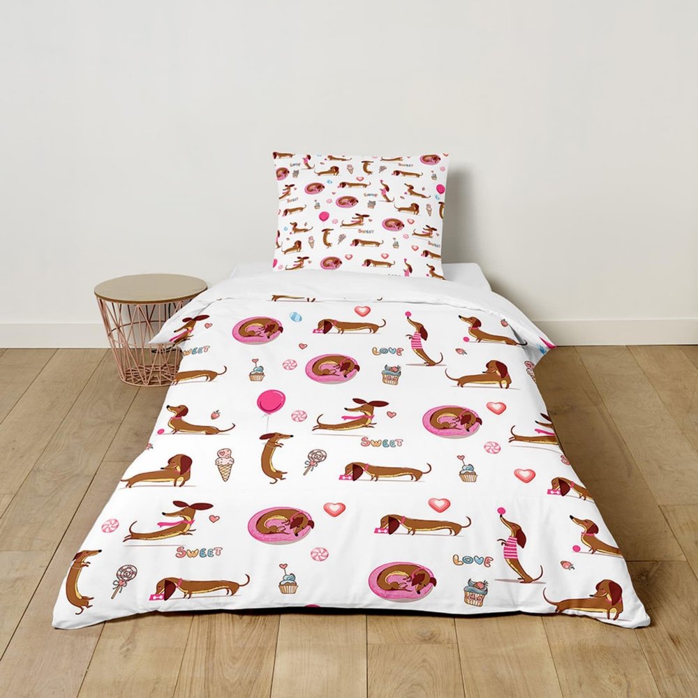 Odot Kids' Bedding Set for Girls and Boys, 1 Zippered Duvet Cover and 1 Pillowcase, 3D Dachshund Pattern, Microfiber, Love Heart, 135 x 200 cm