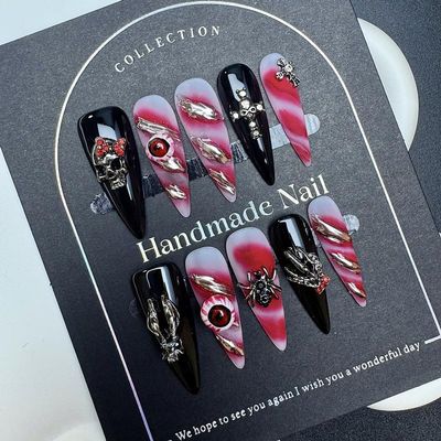 Yidai-Silu 3D Handmade Halloween Press-On Nails, 10 Medium Almond Artificial Nails, YW027