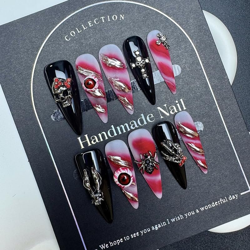 Yidai-Silu 3D Handmade Halloween Press-On Nails, 10 Medium Almond Artificial Nails, YW027