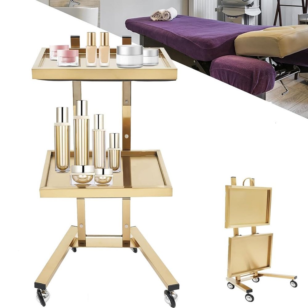 2-Tier Folding Stainless Steel Salon Trolley with Wheels