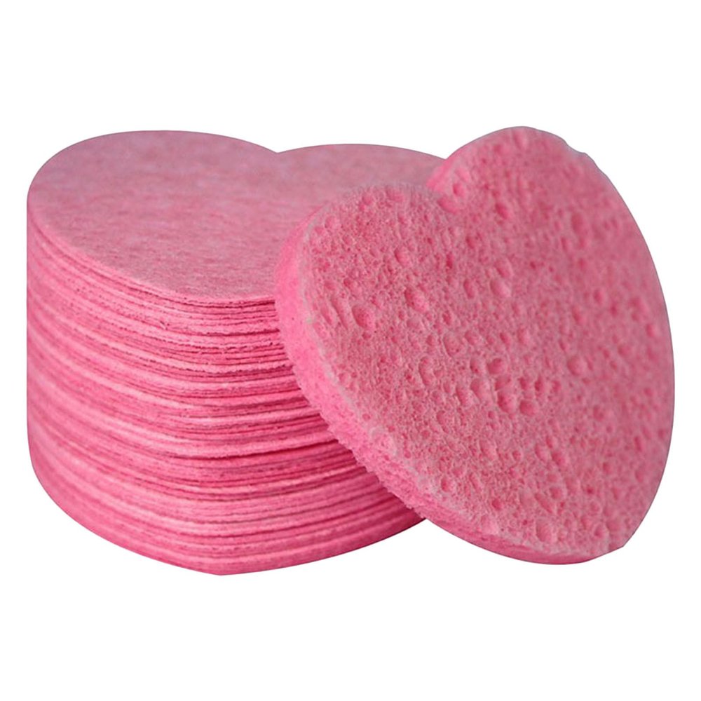 SAFIGLE 50 Pink Heart-Shaped Cellulose Sponges for Gentle Facial Exfoliation at Home and on the Go