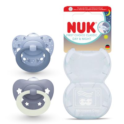 NUK First Choice Classic Day & Night Baby Pacifiers | 6–18 Months | Orthodontic, Glow-in-the-Dark | 95% Baby Acceptance** | Blue | 2 Pack