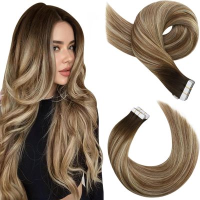 Moresoo Tape-In Human Hair Extensions, Brown-Blonde Balayage, 60 cm, 20 Pieces, 50 g