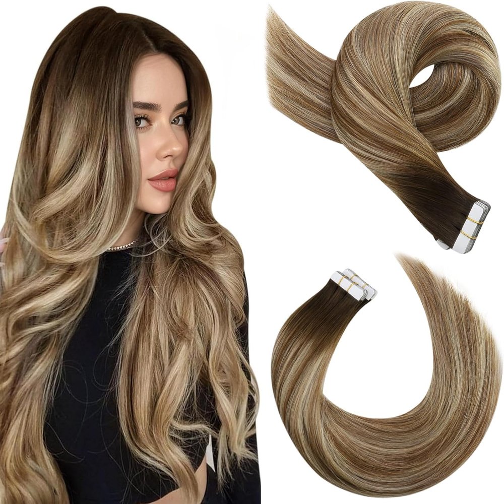 Moresoo Tape-In Human Hair Extensions, Brown-Blonde Balayage, 60 cm, 20 Pieces, 50 g