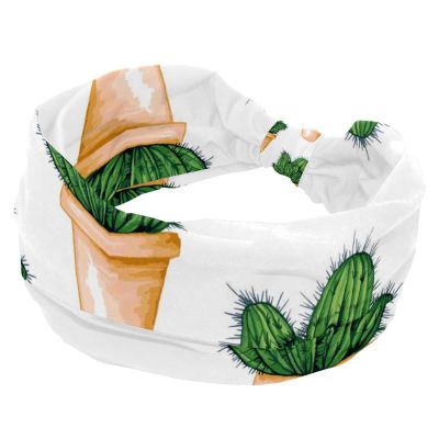 Women's Cactus-Print Headband, Elastic, Non-Slip, Wide Turban Headband for Workouts, Yoga, Sports and Running