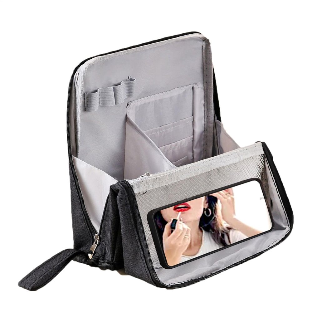 Standing Makeup Bag, Waterproof Organizer with Multiple Compartments, Black