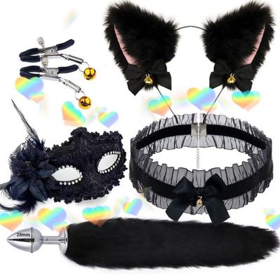 WreGmgg 4-Piece Black Lace Indoor Sports Set with Eye Mask and Lace Collar - D2