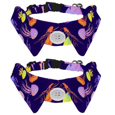 Dog Collar with Bow Tie and Bell, Colorful Jellyfish Sea-Color Pattern, Adjustable Reversible Design, Cat Bow Tie Collar for Small Pets, 2-Pack