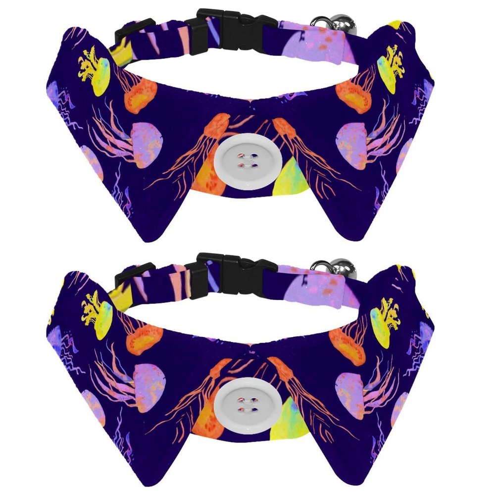Dog Collar with Bow Tie and Bell, Colorful Jellyfish Sea-Color Pattern, Adjustable Reversible Design, Cat Bow Tie Collar for Small Pets, 2-Pack