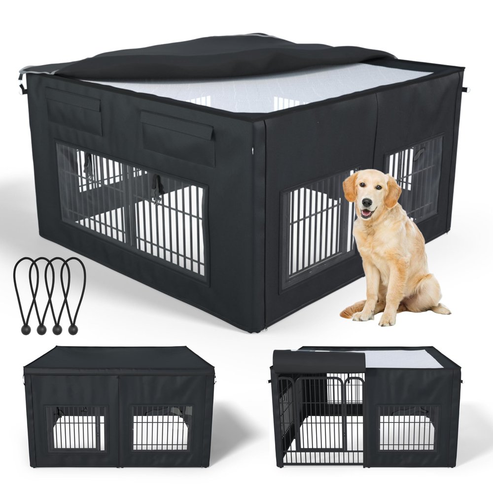 Dog Playpen Cover, 1680D Waterproof Oxford Fabric and Nylon Mesh, Fits 32-Inch-High 8-Panel Pens, UV-Resistant, Black