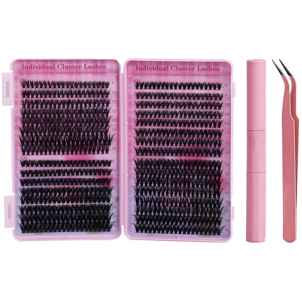 640-Piece Lash Cluster Set, 30D/40D/50D Individual Lashes with Curler, Brush and Glue