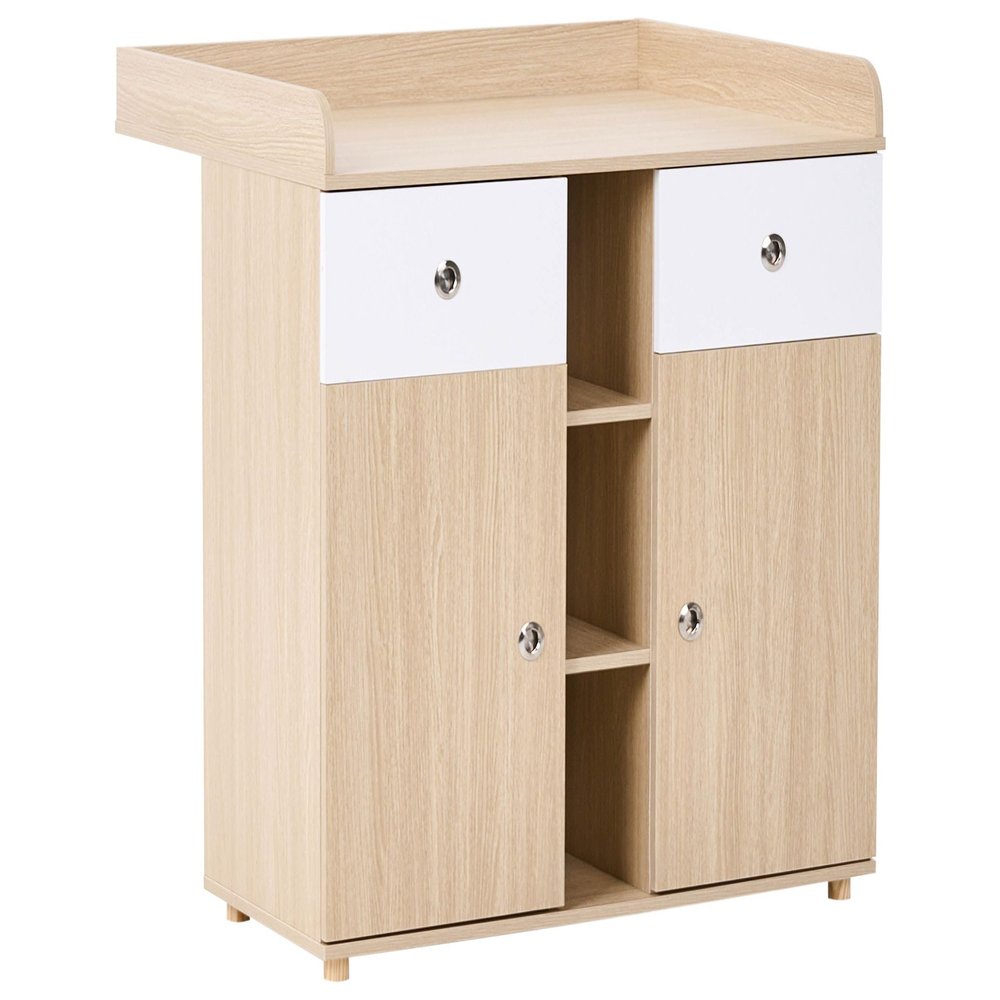 Baby Changing Table Dresser, Brown Wood Look, 69 x 90 x 90 cm, 2 Drawers, 3 Compartments, 2 Doors, Delisle