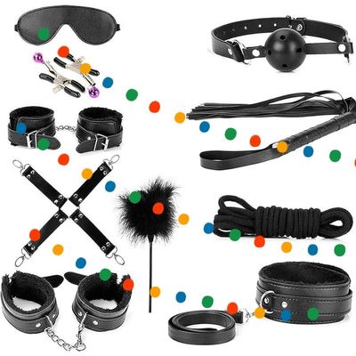 WreGmgg 10-Piece Black Leather Indoor Sports Set with Feather Stick and Sleep Eye Mask, Couple Gift - D10