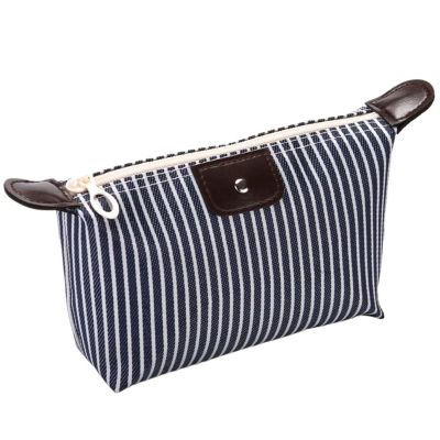 Nylon Makeup Bag for Women, Zipper Toiletry Organizer, Travel Wash Bag (Striped Dark Blue)