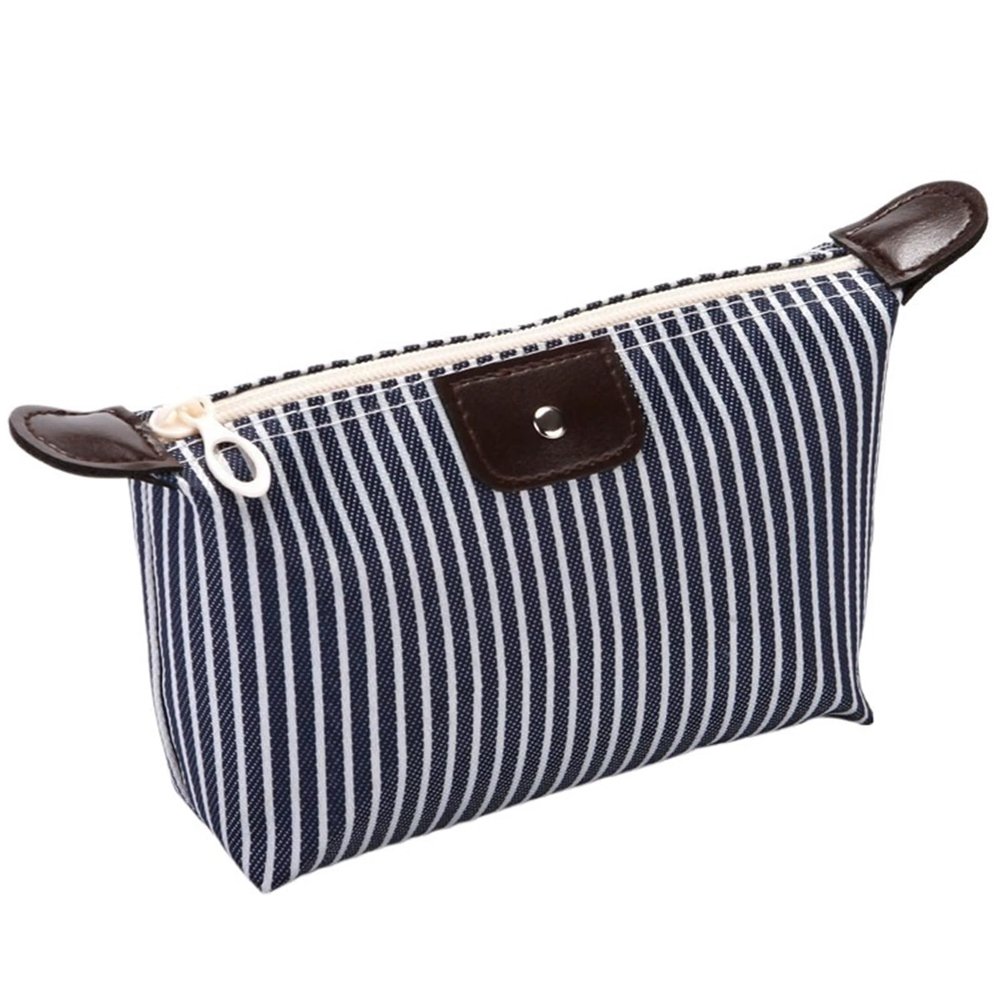 Nylon Makeup Bag for Women, Zipper Toiletry Organizer, Travel Wash Bag (Striped Dark Blue)