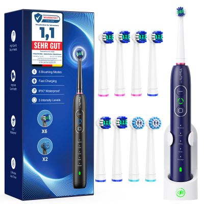 Rotating Electric Toothbrush for Adults and Children with 8 Brush Heads, 3 Intensities, 5 Modes, Wall-Mounted Charging Station (Blue)