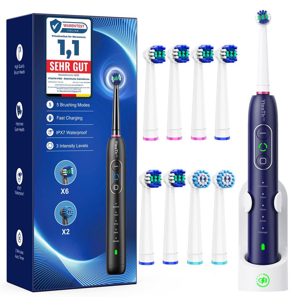 Rotating Electric Toothbrush for Adults and Children with 8 Brush Heads, 3 Intensities, 5 Modes, Wall-Mounted Charging Station (Blue)