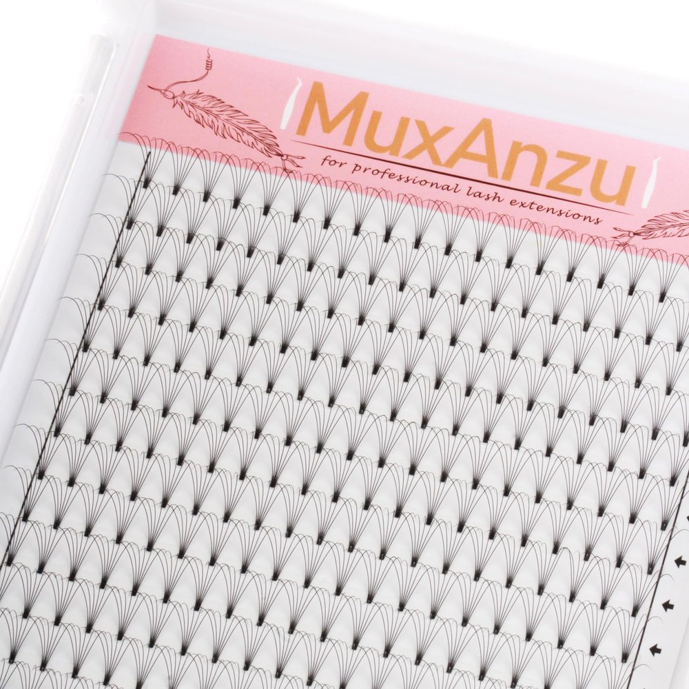 MuxAnzu Premade Eyelash Extension Fans, Short Stem, 3D/4D/5D/6D, Ultra-Dark Black, 16 Rows (6D, 0.10, D Curl, 12 mm)