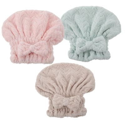 3-Pack Absorbent Coral Fleece Hair-Drying Caps with Bows