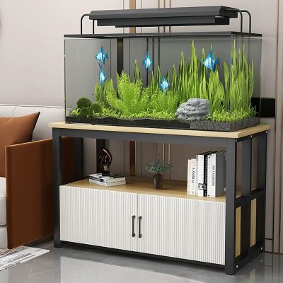 FVTVHEV Aquarium Stand with Cabinet, Two-Tier Design, 120 × 40 × 70 cm, Wood Grain + Black