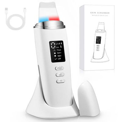 Ultrasonic Skin Scrubber and Blackhead Remover with 4 Modes, Adjustable Intensity, Red/Blue LED Light, Display and Auto Shutoff