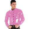 TIANXIAOQWE Men's Shiny PVC Leather Wet-Look Shirt, Long Sleeves, Wide Collar, Button Front, Pink, 3XL view 1